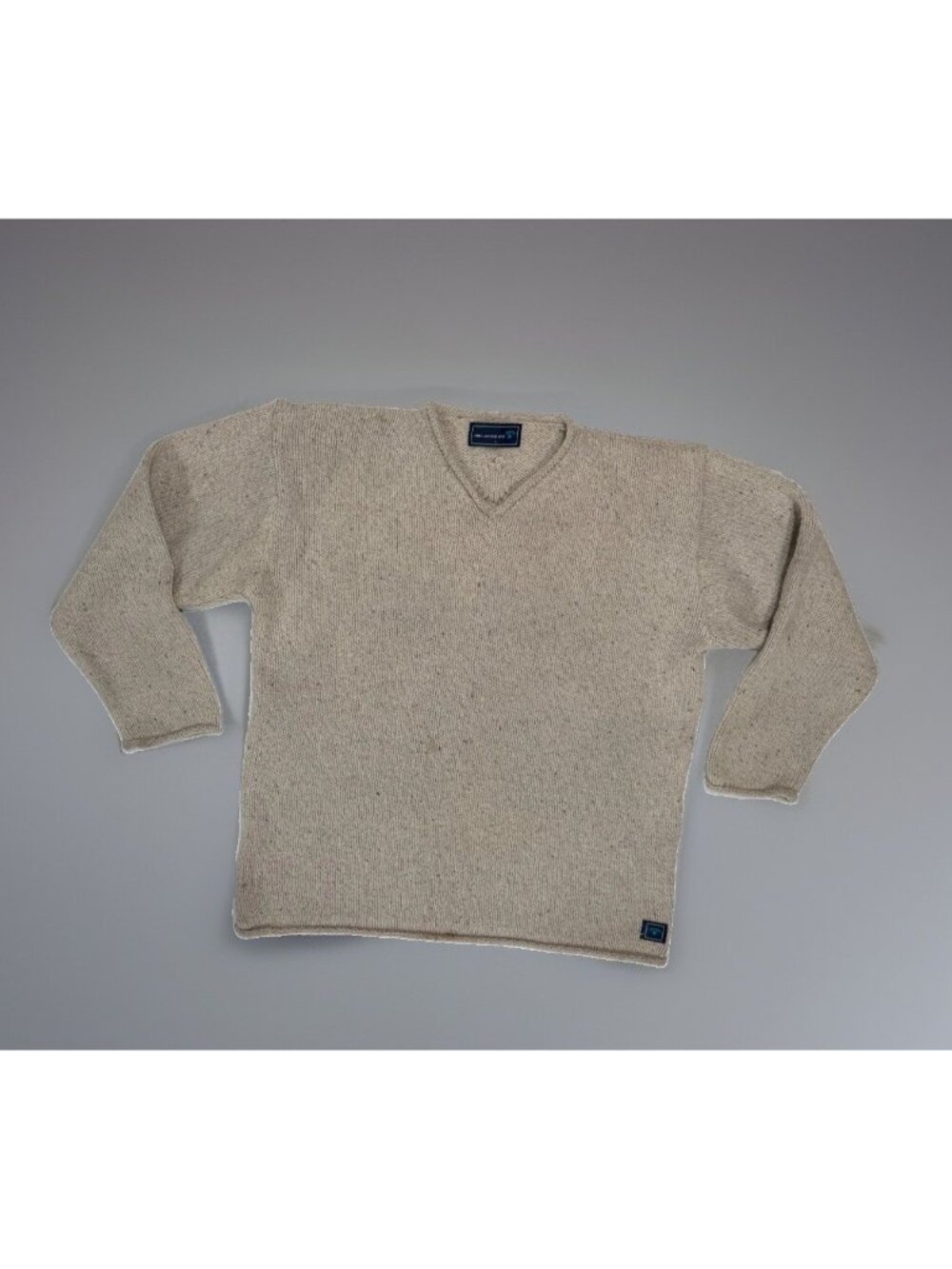 Irelands Eye Mens Sweater Wool Silk Rolled V-Neck Cable Knit Tan Ireland Large